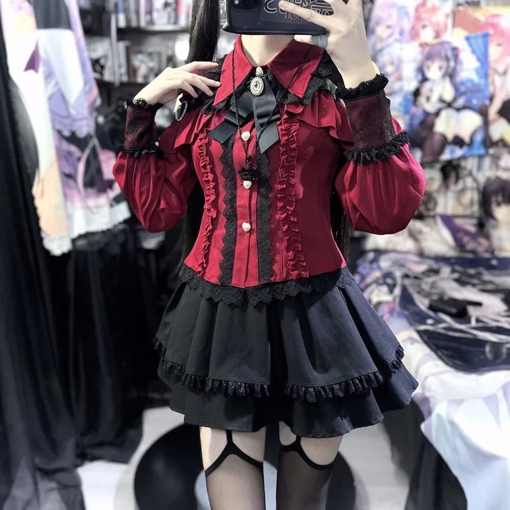 Dark Sweet Heart Ground Type Lolita Set, Ruffle Sleeve Top & A-line Skirt, Cute Kawaii Japanese Style Gothic Coord Outfit S-XL