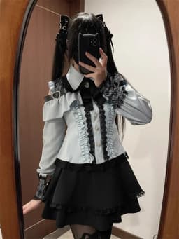 Dark Sweet Heart Ground Type Lolita Set, Ruffle Sleeve Top & A-line Skirt, Cute Kawaii Japanese Style Gothic Coord Outfit S-XL