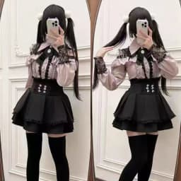 Dark Sweet Heart Ground Type Lolita Set, Ruffle Sleeve Top & A-line Skirt, Cute Kawaii Japanese Style Gothic Coord Outfit S-XL