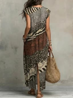 Yeezzi 2026 New Women Leopard Zebra Printed Ruffled V-Neck Maxi Dresses Loose Cap Sleeves Back Slit Vacation Casual Summer Dress