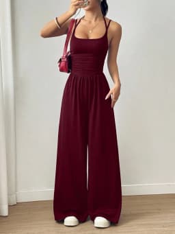 Women's Casual Pleated Loose Straight Leg Jumpsuit, Spring/Summer