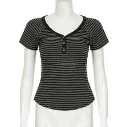 Goth Dark Casual Women Short Sleeve Striped T-shirts Y2K Fashion V-neck Button-up T-Shirt E-girl Slim Basic Tops Mall Goth Cloth