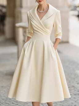 Women's Vintage V Neck Long Sleeve Wrap Waist A Line Midi Dress with Pockets