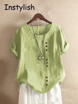 Vintage Harajuku Button T Shirt Casual Summer Short Sleeve Cotton Linen Solid Loose Blouse Elegant Oversize Tee Shirt Streetwear
