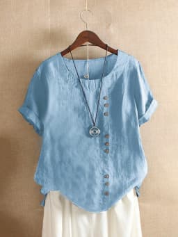 Vintage Harajuku Button T Shirt Casual Summer Short Sleeve Cotton Linen Solid Loose Blouse Elegant Oversize Tee Shirt Streetwear
