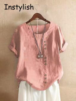 Vintage Harajuku Button T Shirt Casual Summer Short Sleeve Cotton Linen Solid Loose Blouse Elegant Oversize Tee Shirt Streetwear