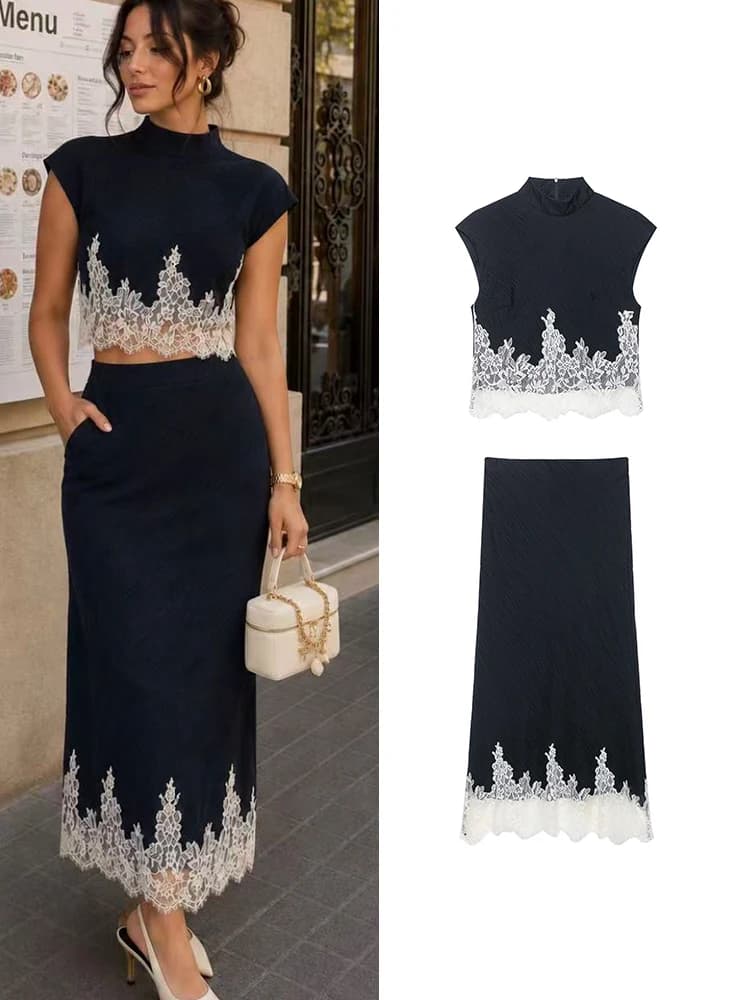 TFMLN 2026 Women's Skirt 2-Piece Set Lace Spliced Sleeveless Stand Collar Top + Slim A-Line Midi Skirt Elegant Ladies Suit