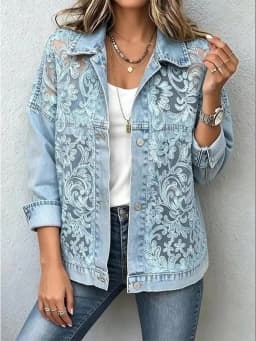 Women Lace Spliced Denim Jacket Loose Casual Lapel Collar Long Sleeve Single Breasted Short Coat Fashion Streetwear Outerwear