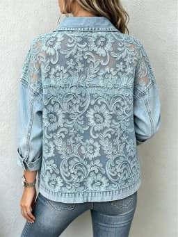 Women Lace Spliced Denim Jacket Loose Casual Lapel Collar Long Sleeve Single Breasted Short Coat Fashion Streetwear Outerwear