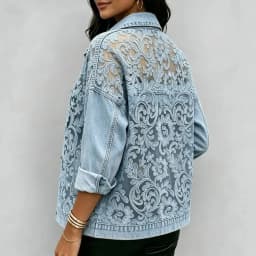 Women Lace Spliced Denim Jacket Loose Casual Lapel Collar Long Sleeve Single Breasted Short Coat Fashion Streetwear Outerwear