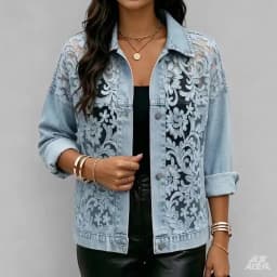 Women Lace Spliced Denim Jacket Loose Casual Lapel Collar Long Sleeve Single Breasted Short Coat Fashion Streetwear Outerwear