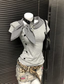 Richgirl American Retro Style Irregular Short-Sleeved T-Shirt Millennium Subculture Vintage Plaid Navy Collar Top
