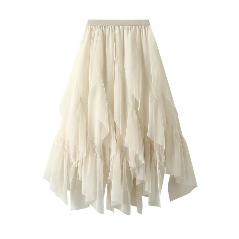Casual Loose Ruffle Mesh Midi Skirt Summer Women's Skirts New Skinny Elastic High Waist Solid Mesh Lining Skirt Woman Clothing