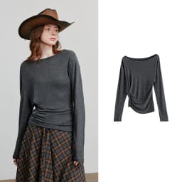 TOYOUTH Women Long Sleeve T-shirt 2025 Autumn New Irregular Pleated Wool Slim Fit Pullover Tops