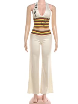 Nibber Letter Print V-Neck Sleeveless Tank Top+Wide-Leg Pants Casuals Striped 2 Piece Set Women Trend Chic Street Sport Suit