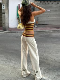 Nibber Letter Print V-Neck Sleeveless Tank Top+Wide-Leg Pants Casuals Striped 2 Piece Set Women Trend Chic Street Sport Suit