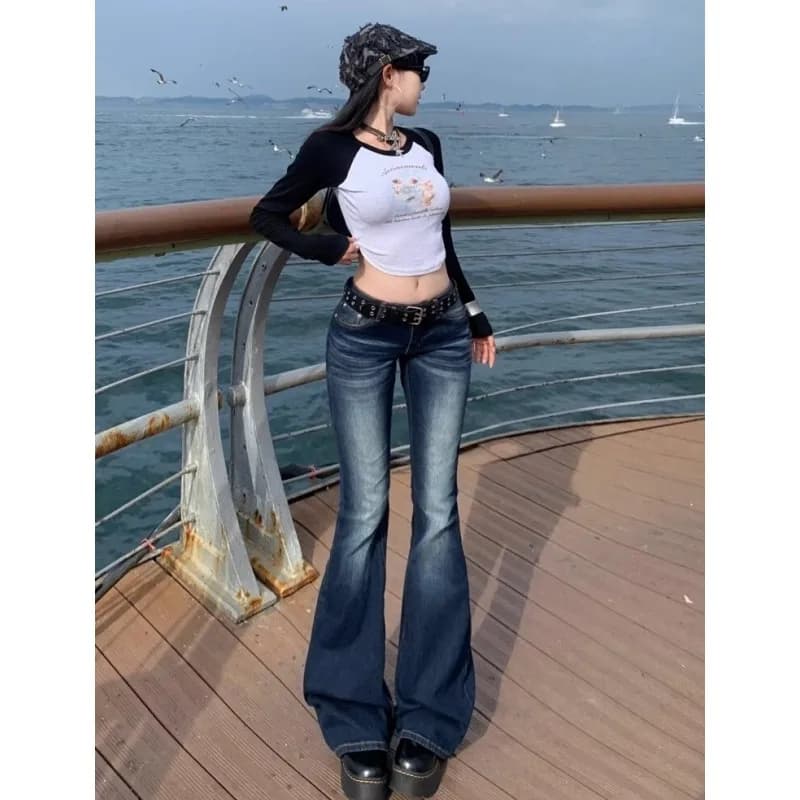 Y2K Slim Fit High Waist Casual Womens Jeans Retro Denim Pants Low Rise Flared Trousers Long Bootcut Drag Autumn for Women