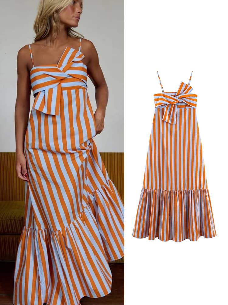 TFMLN Fashion Women Stripes Print Sling Dress Sleeveless Bow Front Loose Fit Backless Long Dresses Chic Lady Holiday Robe