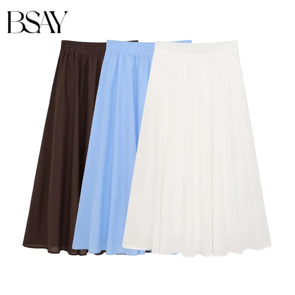 BSAY Summer Beach Vacation Midi Skirt Women Solid Color Elastic High Waist Pleated Flowy A-Line Swing Long Skirt Casual Skirts