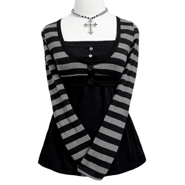 Y2k Emo Women Streetwear Acubi Fairycore Tops Stripe Long Sleeve Aesthetics Graphic Tshirt Goth Grunge T-shirt 2000s Alt Clothes