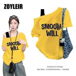 Elegant Summer One Shoulder T Shirt Women Fake Two-piece Oversize Graphic T Shirts Short Sleeve Off Shoulder Top Sport Casual