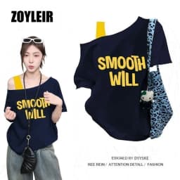 Elegant Summer One Shoulder T Shirt Women Fake Two-piece Oversize Graphic T Shirts Short Sleeve Off Shoulder Top Sport Casual