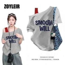 Elegant Summer One Shoulder T Shirt Women Fake Two-piece Oversize Graphic T Shirts Short Sleeve Off Shoulder Top Sport Casual