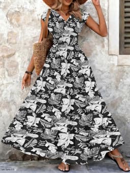 2026 Vintage Floral Print Dress Elegant V-Neck Short Sleeve Long Women's Fashion Retro Gown