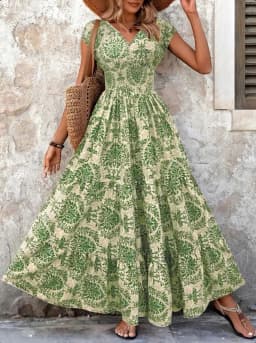 2026 Vintage Floral Print Dress Elegant V-Neck Short Sleeve Long Women's Fashion Retro Gown