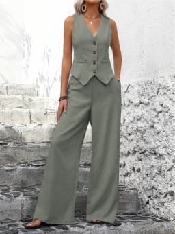 Summer Women 2 Piece Outfit V Neck Button Sleeveless Vest High Waist Wide Leg Pants Casual Matching Set Multi Colors