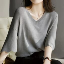 Women's Short Sleeve V-Neck Knitting Shirt, Casual Loose Tops, Ice Silk Blouse, Gray Lady Clothes, New, 14799