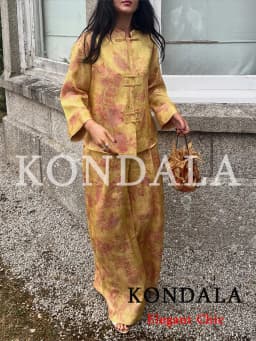KONDALA Women Elegant Vintage Printed Pants Set Rope Buttons Shirts,Long Pants 2026 Spring Early Fall Holiday High Street Set