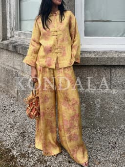 KONDALA Women Elegant Vintage Printed Pants Set Rope Buttons Shirts,Long Pants 2026 Spring Early Fall Holiday High Street Set