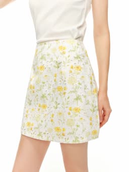 DUSHU 2026 Summer Women High Waist A-Line Mini Skirt 100% Cotton Hollow Out Daisy Print Loose Casual Short Skirt Yellow
