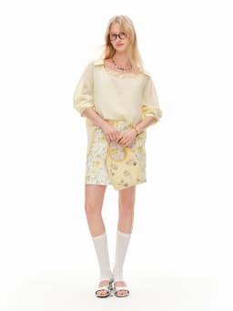 DUSHU 2026 Summer Women High Waist A-Line Mini Skirt 100% Cotton Hollow Out Daisy Print Loose Casual Short Skirt Yellow