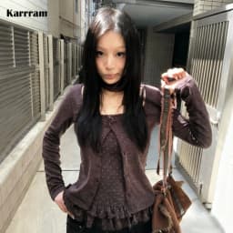 Karrram Japanese Y2k Knitted Tops Two Piece Set Vintage Harajuku Button Knit T-shirt Sets Korean 2000s Style Knitwear American