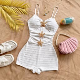 Solid color one-piece swimsuit, feminine, tight-fitting, hollowed-out, metallic five-pointed star.