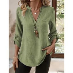 Women's Spring and Summer Fashion Loose Casual Shirt  Retro V-Neck Solid Color Blouse  Elegant Top for Young Women