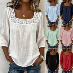 Women's 2026 Summer Square Neck Lace Trim Top – 3/4 Sleeve Cotton Linen Blouse, Solid Color Casual Chic Shirt
