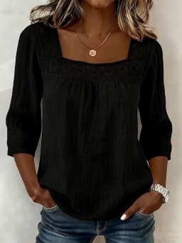 Women's 2026 Summer Square Neck Lace Trim Top – 3/4 Sleeve Cotton Linen Blouse, Solid Color Casual Chic Shirt