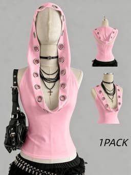 Women Sleeveless Hooded Eyelet Ring Cowl Neck Slim Crop Tank Top 2026 Gothic Y2K Streetwear Grunge Halter Camisole
