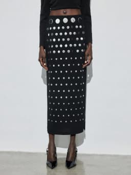 Heavy-duty heat-set rhinestone black half-length skirt with rivets, fashionable women’s clothing, polka dots, elegant, long styl