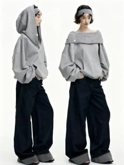 Autumn Knitwear Hooded Casual Oversize Pullovers Women Dual-wear Designer Fashion Off Shoulder Sweater Spring Loose Outwear