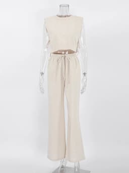 Spring Summer 2025 Women Holiday Linen Pant Set Crop Tops Solid Outfits 2 Two Piece Matching Set For Women