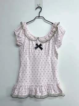 Women Summer Korean Fashion Sweet Bow Tops Vintage Cute Y2K Polka Dot Print Slim Fit Japan Lace Shirt Short Sleeve 2000s Clothes