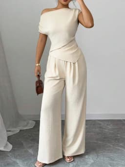 Elegant Pure Color Ladies Asymmetric Top And Wide Leg Pants 2-Piece Set for Commuting Casual Vacations Fashionable New Arrival