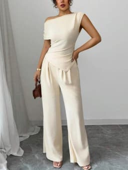 Elegant Pure Color Ladies Asymmetric Top And Wide Leg Pants 2-Piece Set for Commuting Casual Vacations Fashionable New Arrival