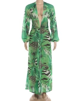 Nibber Lantern Sleeve Tiger Stripe Print Long Dress Woman Autumn Trend Deep V-Neck Sexy Backless Beach Party Elegant Vestidos