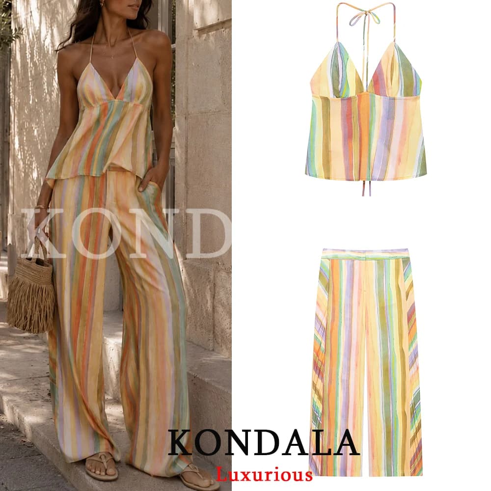 KONDALA Sweet Casual Women Pants Suit Stripe Sleeveless Backless Halter Top Long Zipper Pants Fashion 2026 Summer Fall Boho Suit