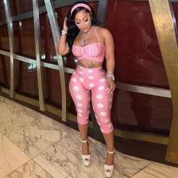 Polka Print Neck Strap, Tight Fitting Cropped Pants, Three Piece Headband Set